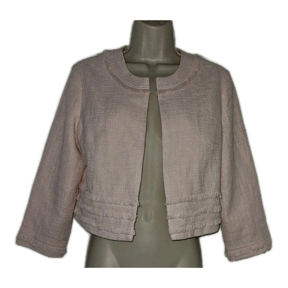 NWT Karl Lagerfeld‎ Womens S Open Tweed Fringe Pink Blazer Jacket Barbiecore